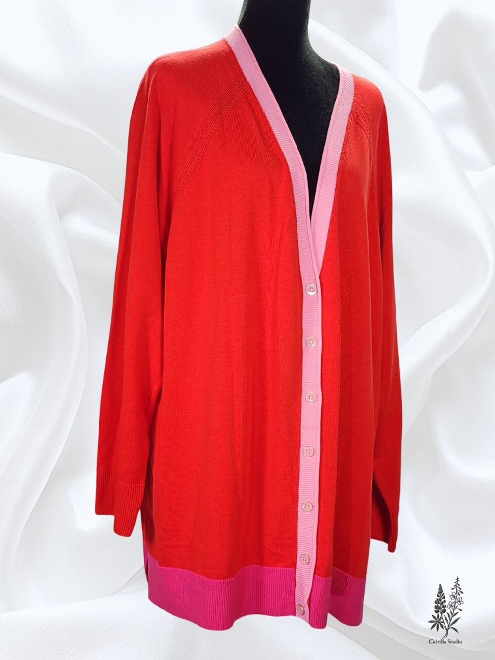 Talbots Plus Red & Pink Color block Pointelle Long Cardigan, Size 3X, NWT